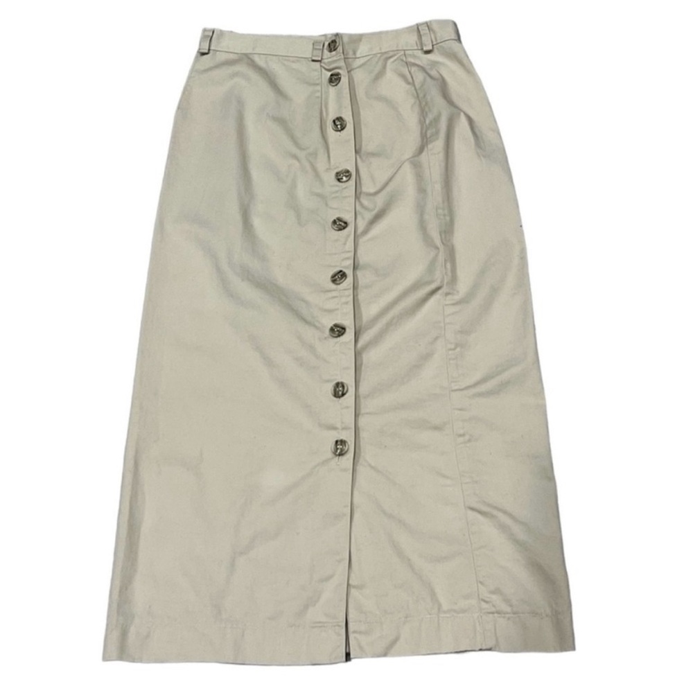 Vintage 90s Van Heusen Light Academia Beige High Waist Button MIDI Skirt